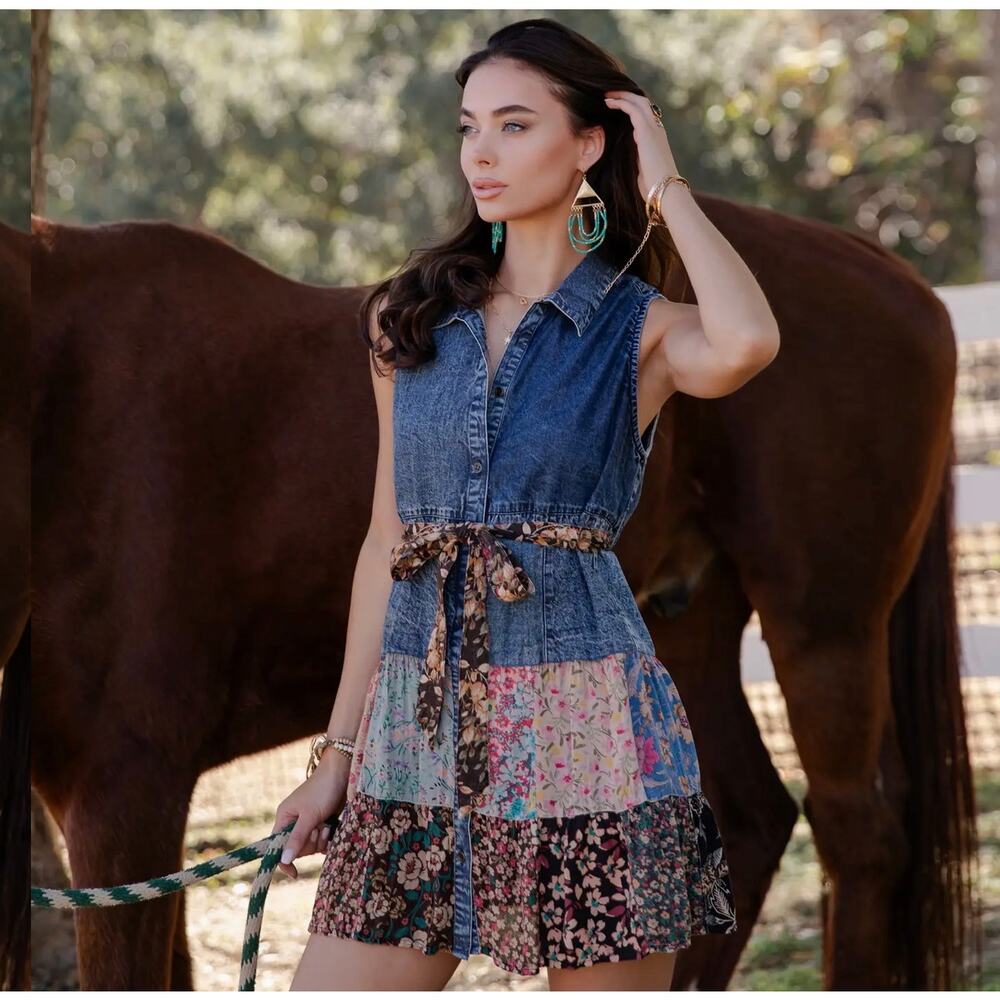 NWT Young Threads Denim Patchwork Shirt Dress Large Boho Western Tiered